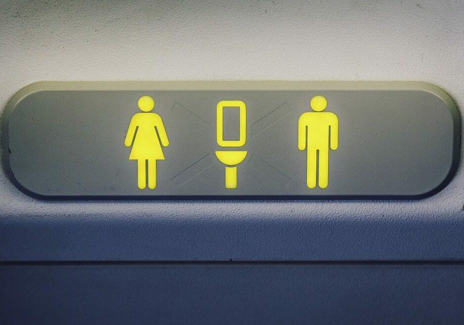 The lavatory sign on a Boeing 737 showing that the forward restroom is unoccupied.
